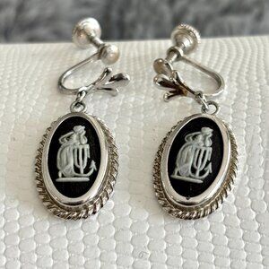 Vintage Black Wedgewood Sterling  Cameo screw back Earrings